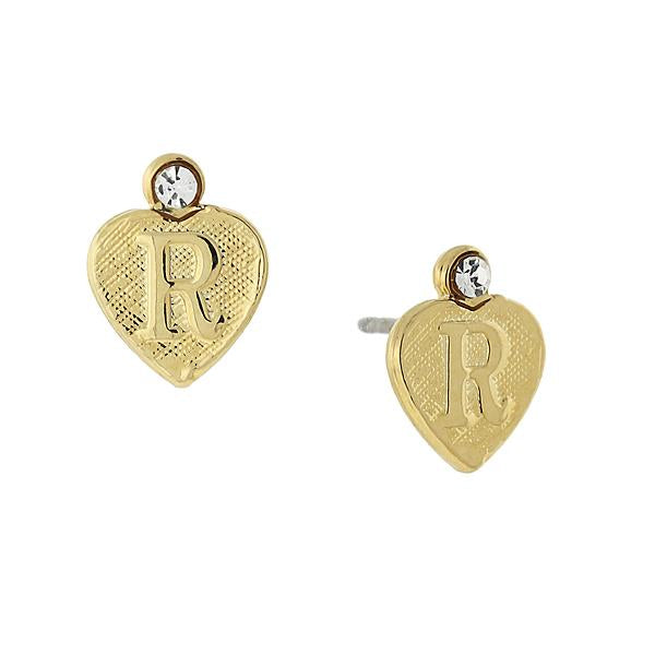 14K Gold Dipped Crystal Accent Initial Heart Stud Earrings R