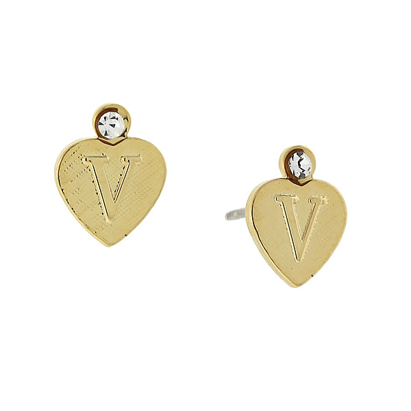 14K Gold Dipped Crystal Accent Initial Heart Stud Earrings