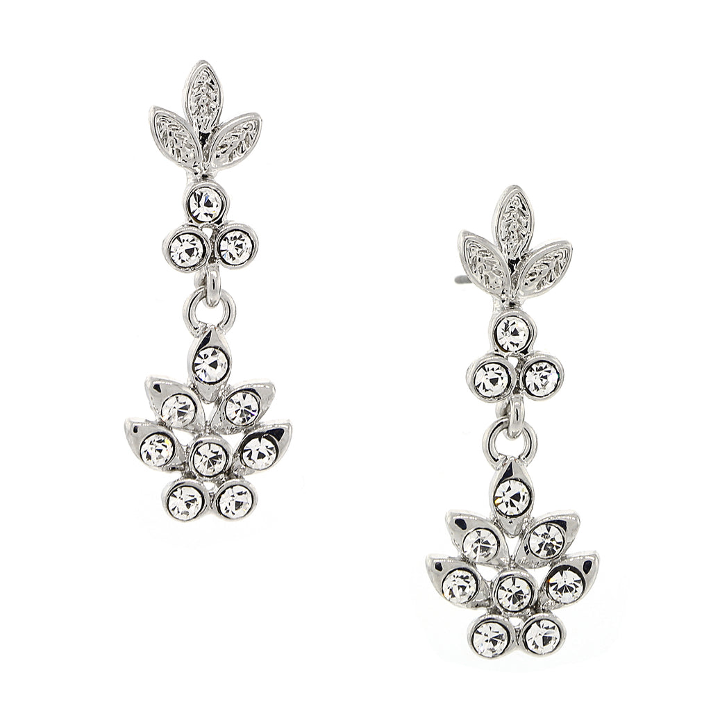 Silver Tone Crystal Flower Drop Earrings