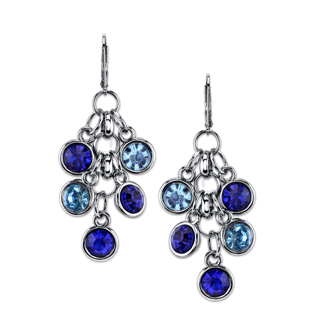 Blue Round Crystal Link Chain Cluster Drop Earrings
