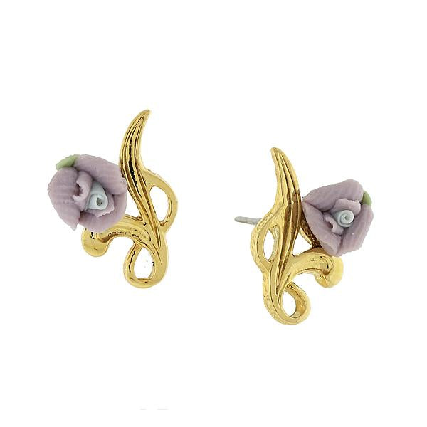 14K Gold Tone Porcelain Rose Post Earrings Light Purple