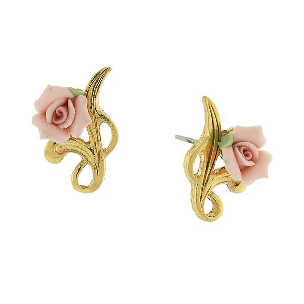 14K Gold Tone Porcelain Rose Post Earrings Pink
