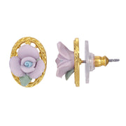 14K Gold Tone Lavender Purple Porcelain Rose Filigree Oval Button Earrings