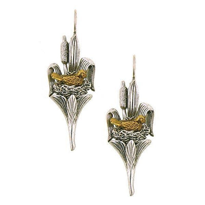 Silver Tone Gold Bird In The Bullrushes Lever Back Earrings
