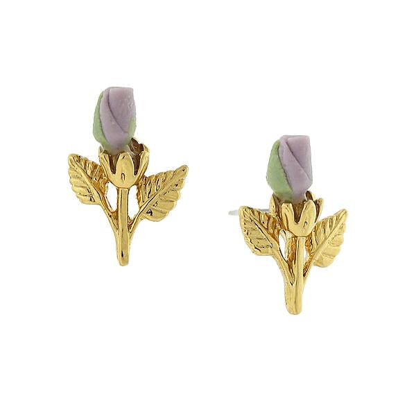 14K Gold Tone Porcelain Rose Bud Earrings Light Purple