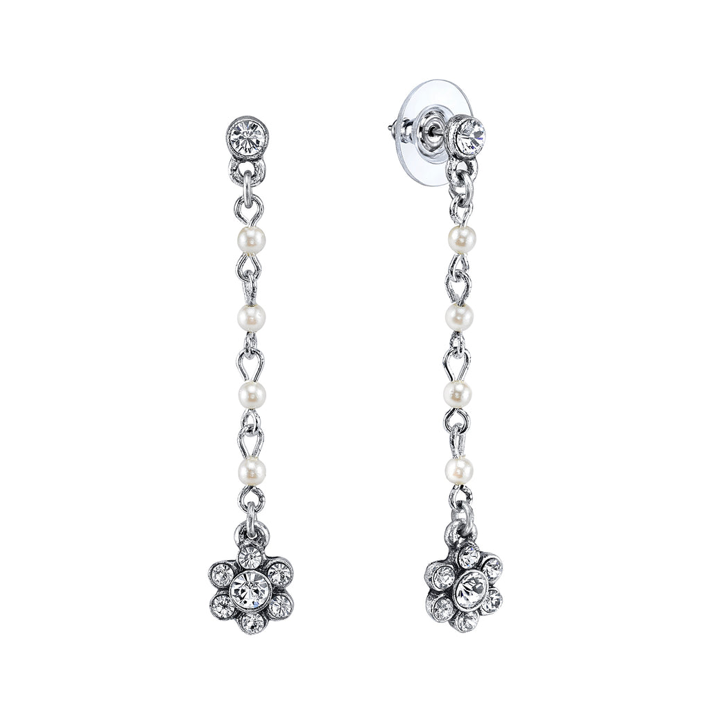Faux Pearl Crystal Flower Linear Post Earrings