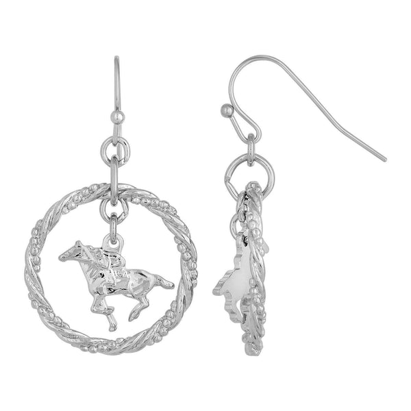 Silver Galloping Horse With Rider Drop Earrings
