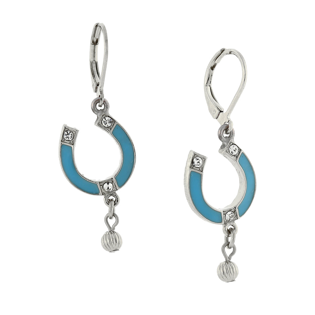 Silver Tone Enamel Turquoise Color With Crystal Accents Horsehoe Drop Earrings