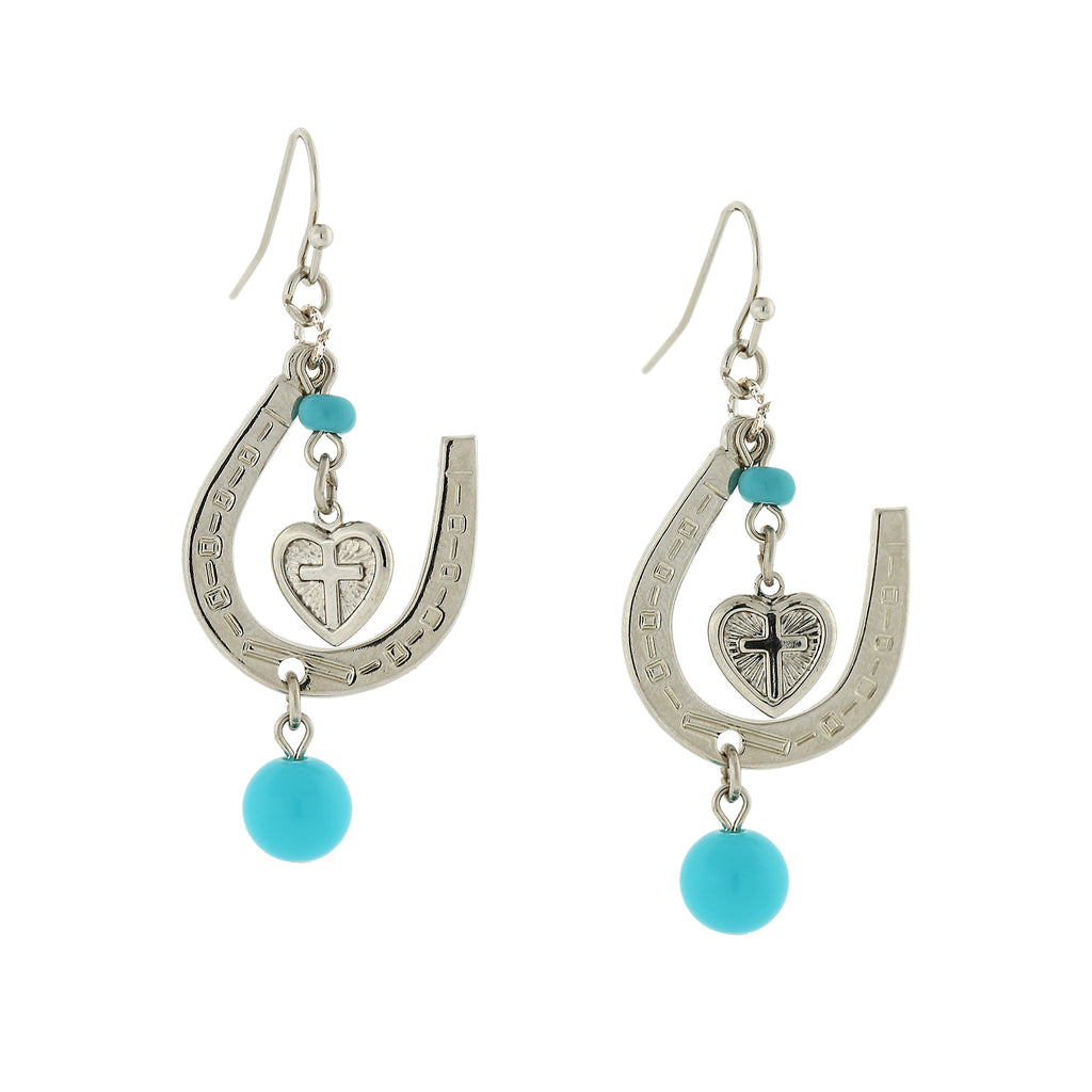 Silver Tone Imitiation Turquoise Horseshoe And Suspended Heart Drop Earrings