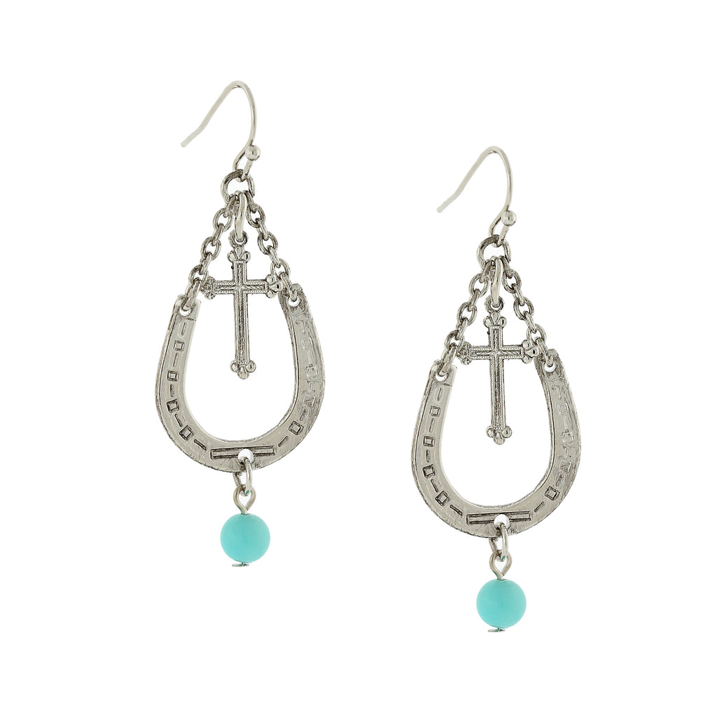 Silver Tone With Imitation Turquoise Accent Horseshoe And Cross Drop Earrings