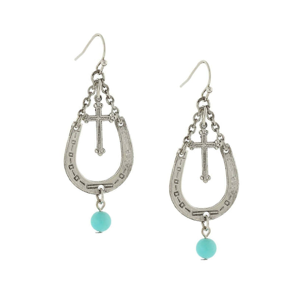 Southwest Turquoise Accent Horseshoe And Cross Dangle Earrings