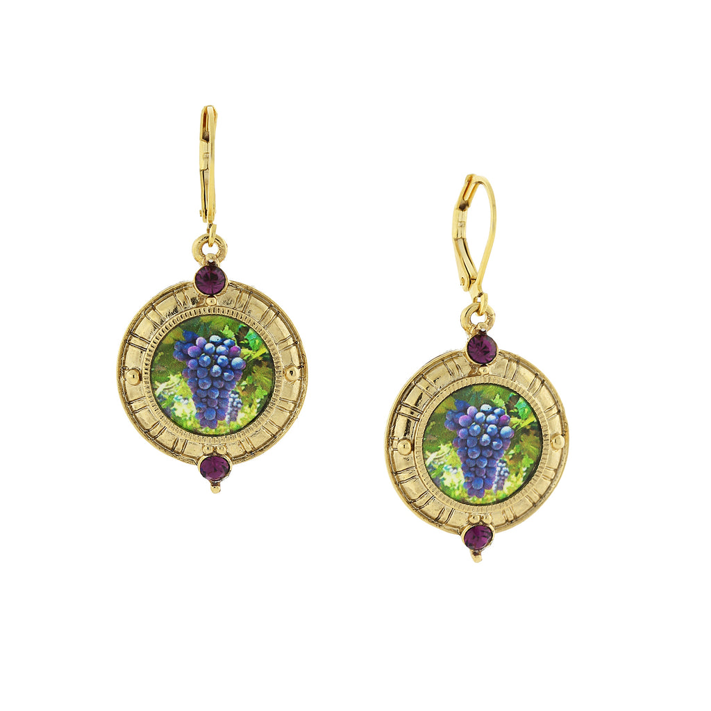 14K Gold Dipped Purple Grapes W/ Amethyst Stone Accent Leverback Drop Earrings