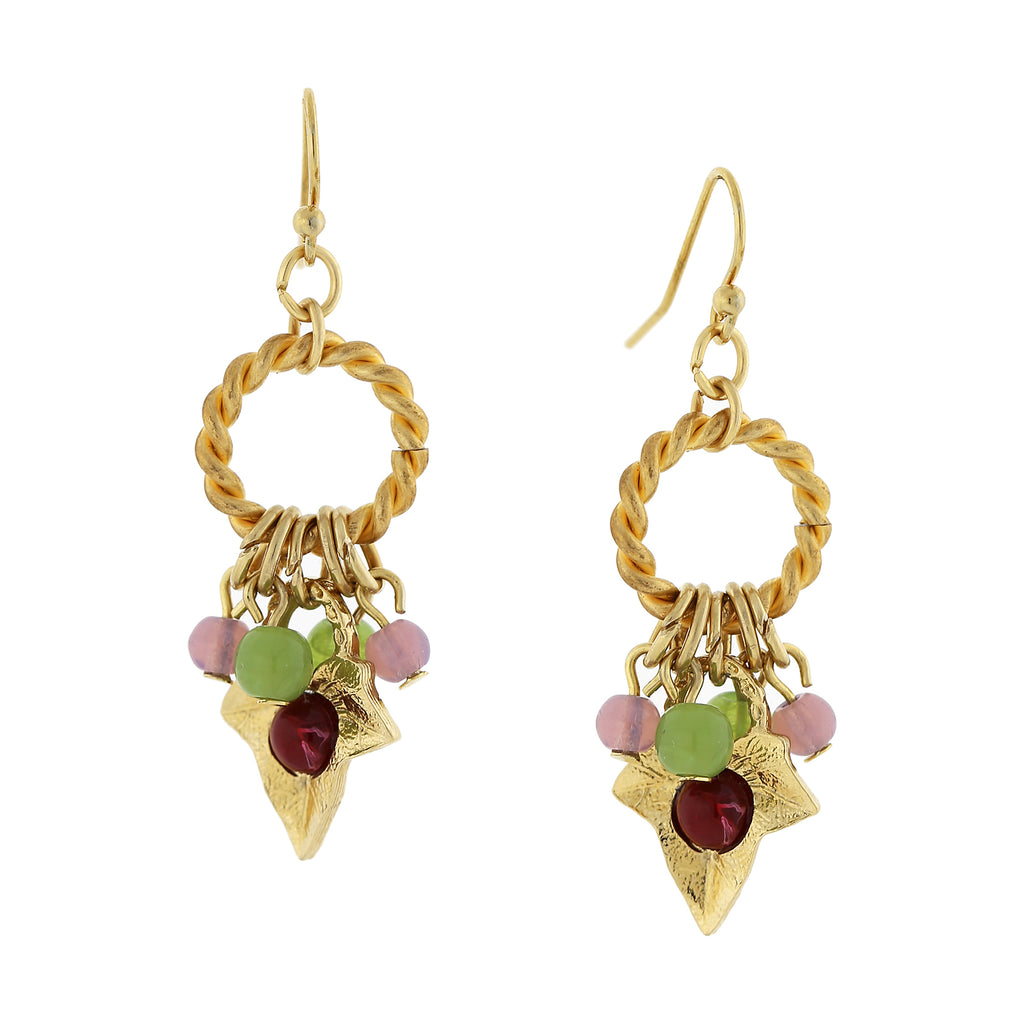 14K Gold Dippe Grape Leaf Drop With Multi Color Beads Earrings