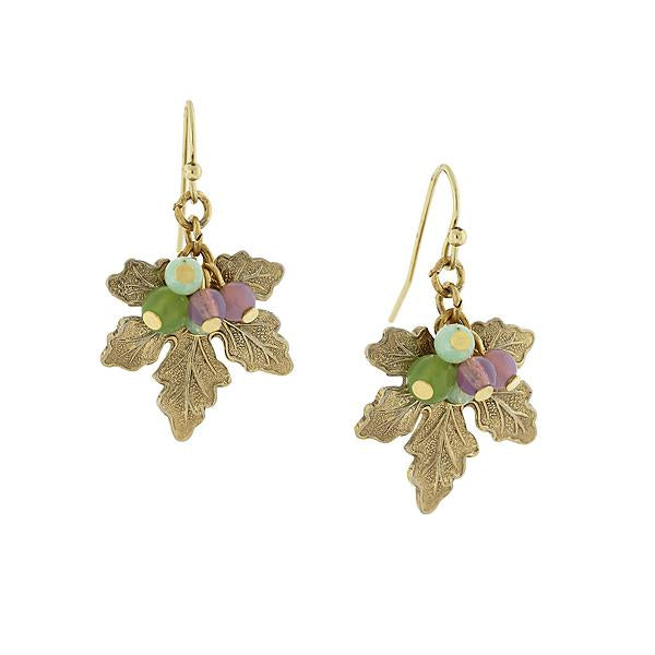Silver Tone Grape Leaf Drop Earrings With Multi Color Bead Accents
