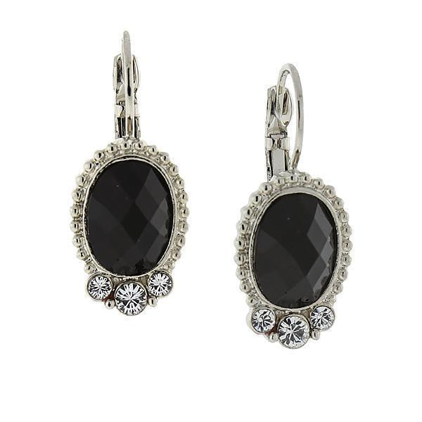 Silver Tone Black Oval W/ Crystal Accent Drop Earrings
