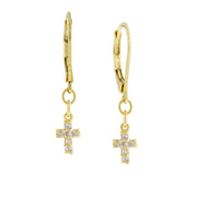 Gold Tone Cubic Zirconia Petite Cross Drop Earrings
