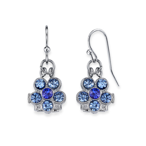 Silver Tone Blue Petite Flower Drop Earrings