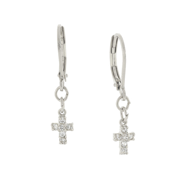 Silver Tone Cubic Zirconia Petite Cross Drop Earrings