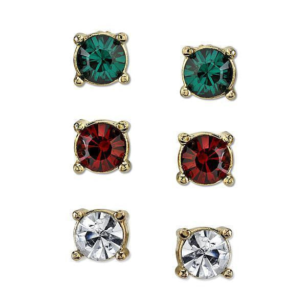 Gold Tone Green, Red, And Crystal Trio Stud Earrings