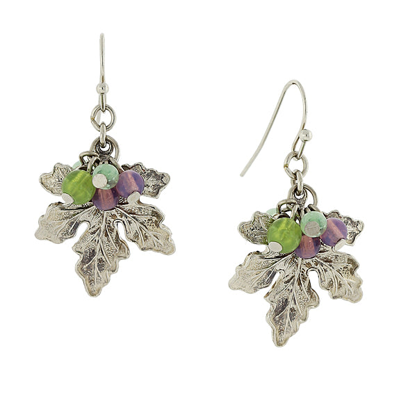 Grape Leaf Drop Earrings With Multi Color Bead Accents