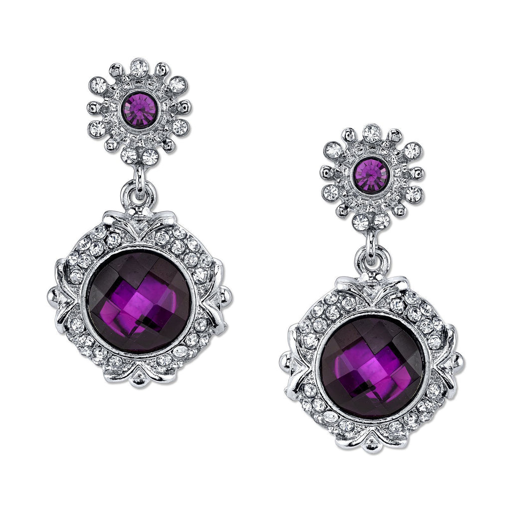 Silver Tone Amethyst Purple Color Drop Earrings