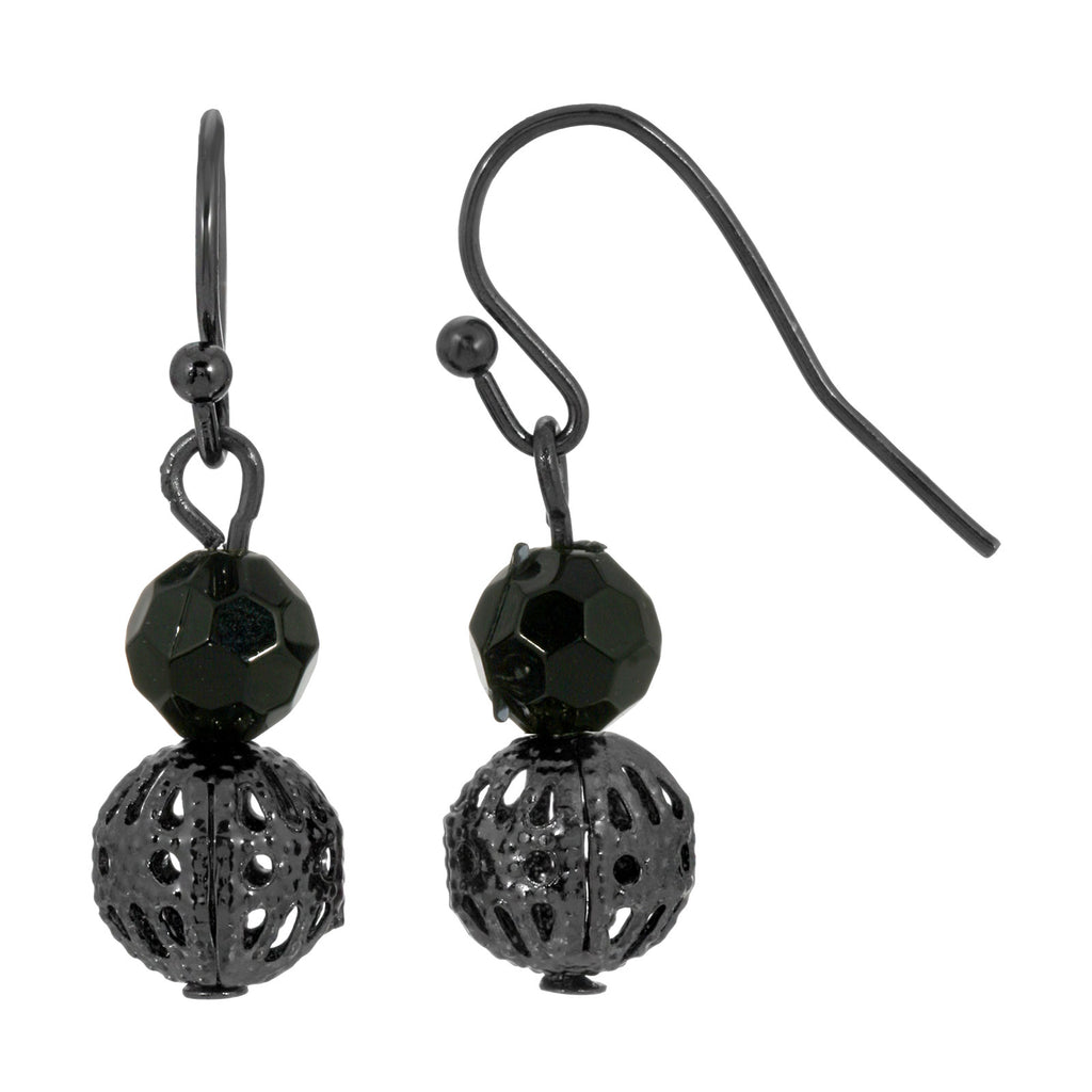 Black Tone Multifaceted Bead & Ball Drop Earrings