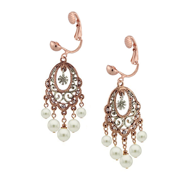 Two Tone Faux Pearl Crystal Accent Chandelier Clip On Earring