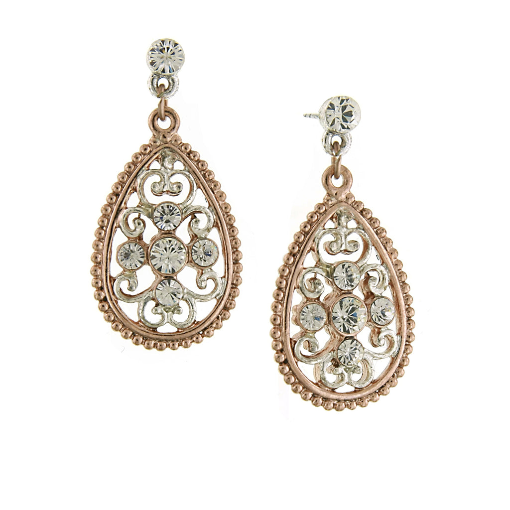 Silver & Rose Gold Tone Filigree Crystal Post Drop Earrings