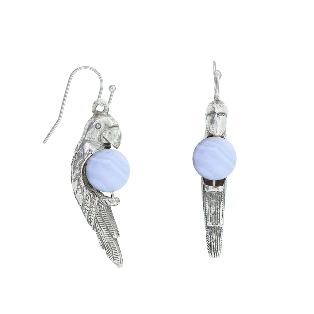 Blue Agate Pewter Parrot Gemstone Earrings