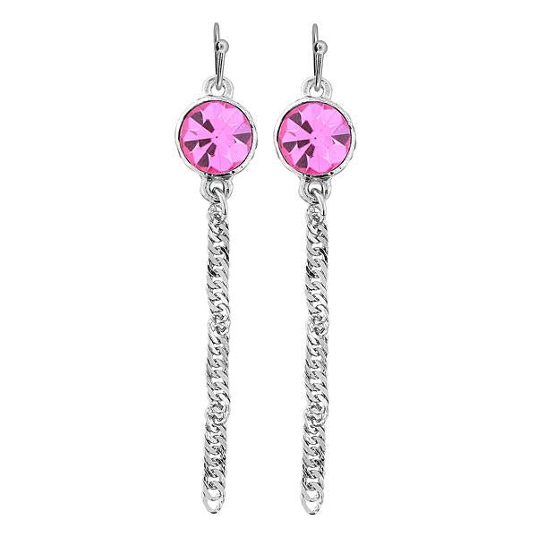 Silver Tone Aquamarine Color Crystal Chain Drop Wire Earring Pink