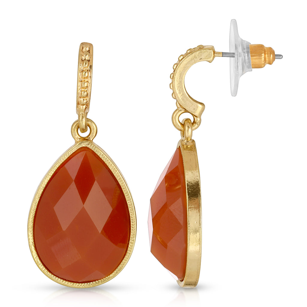 Gold Tone Red Faceted Pear Shape Drop Earrings