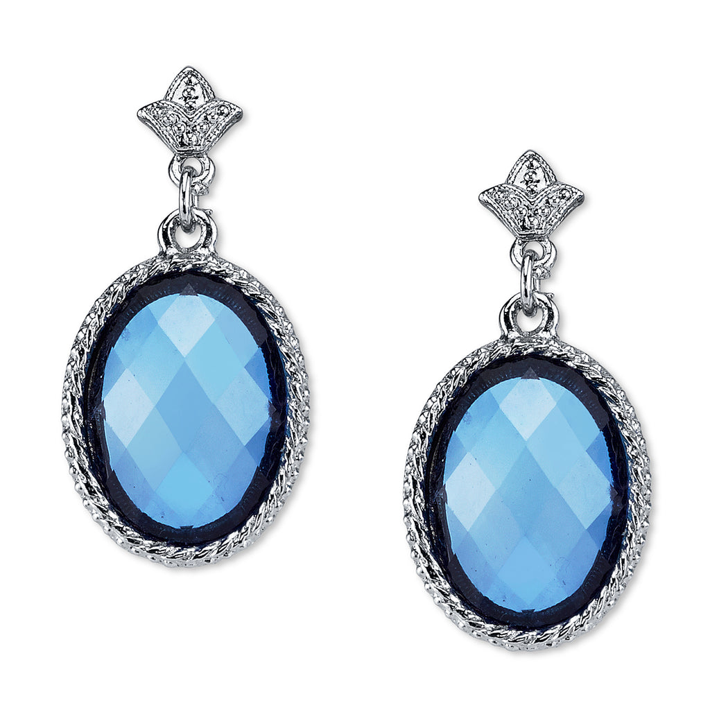 Silver Tone Blue Oval Faceted Drop Earrings