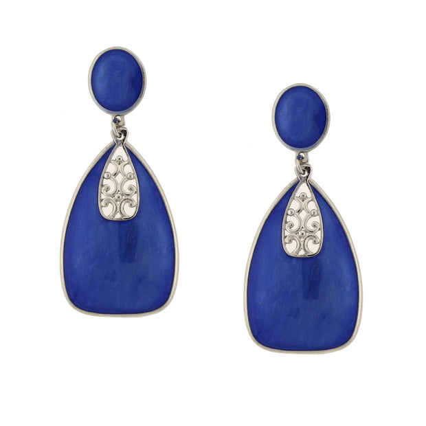 Silver Tone Blue Enamel Drop Earrings