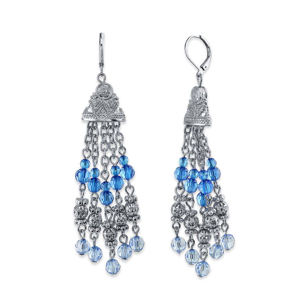 Silver Tone Blue Tassel Drop Earrings