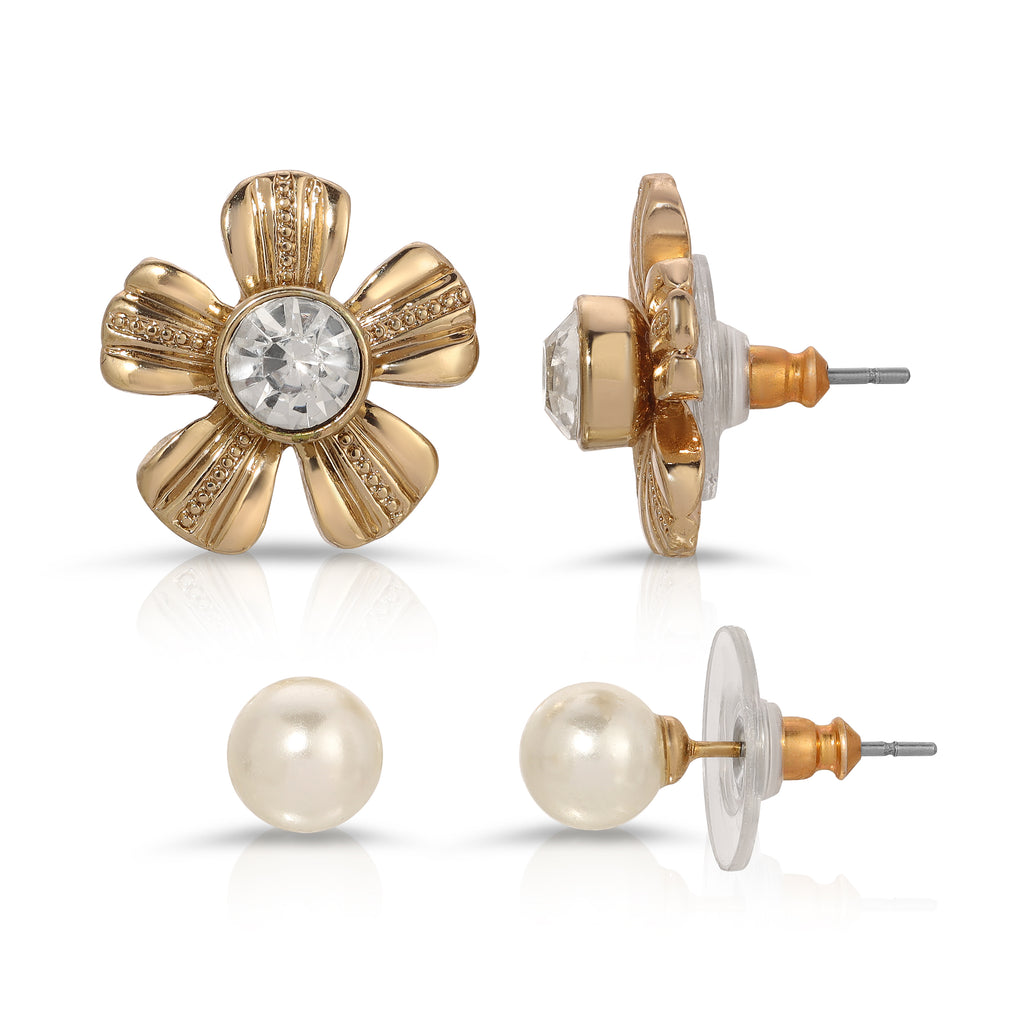 2028 Jewelry Gold-Tone Crystal And Faux Pearl Flower Earrings Jacket Set