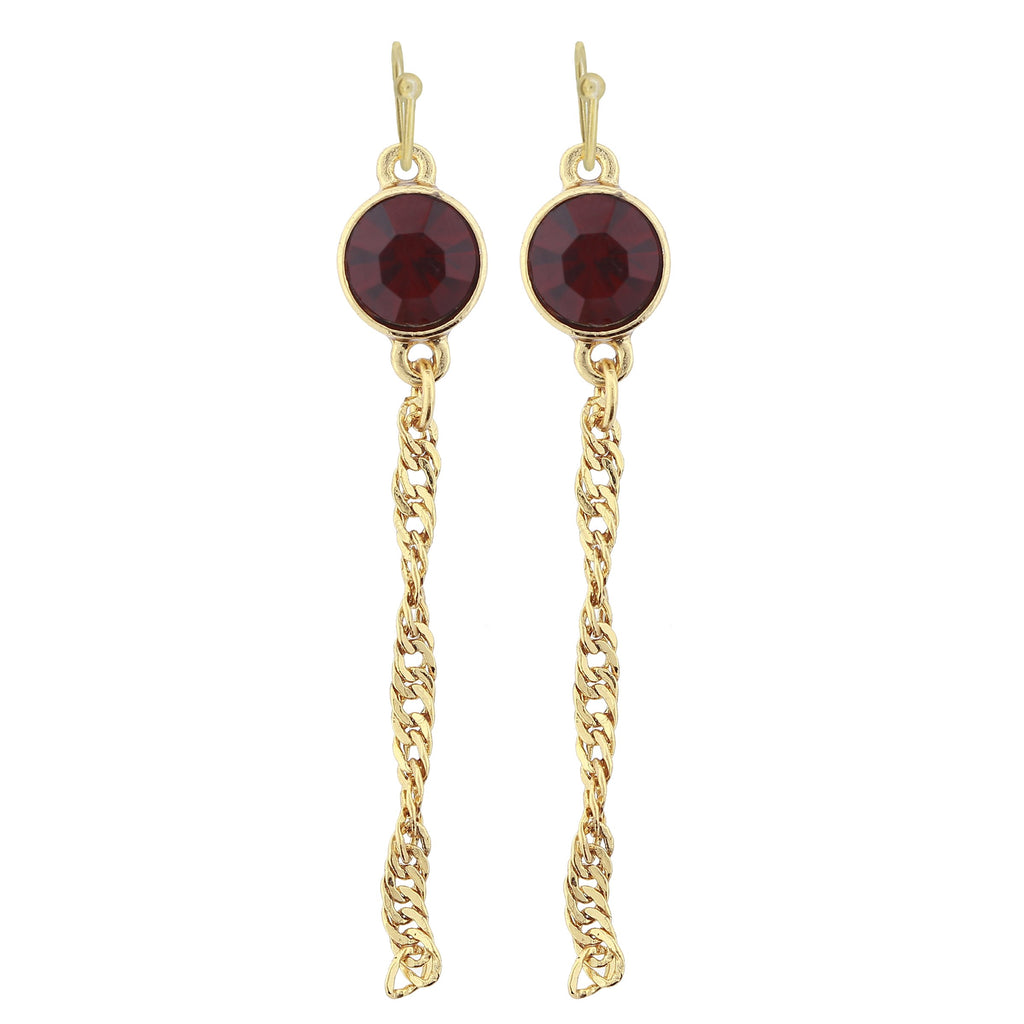 Gold Tone Crystal Chain Drop Wire Earrings Red