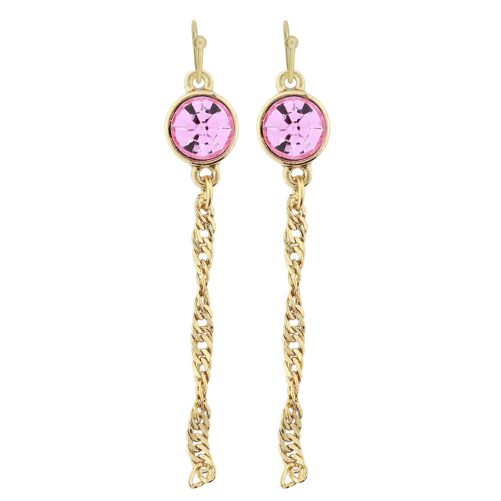 Gold Tone Crystal Chain Drop Wire Earrings Pink