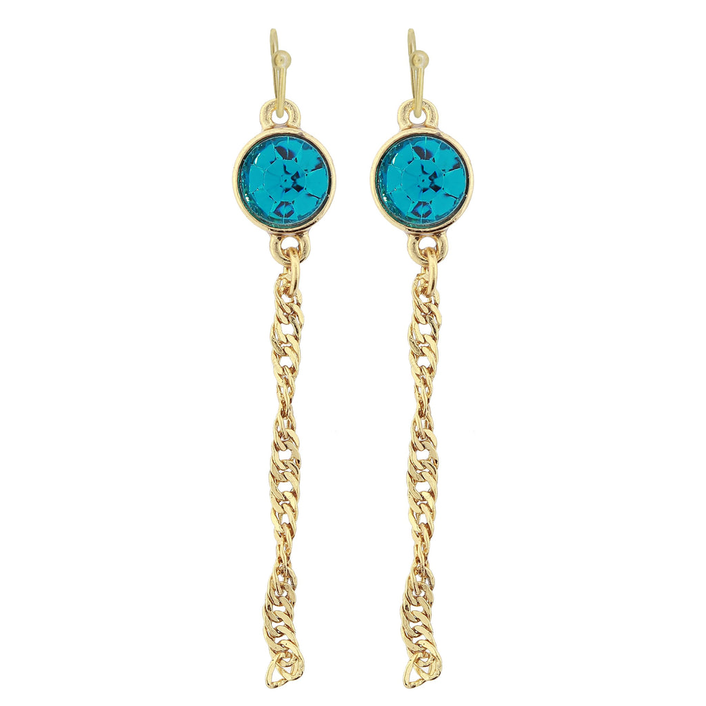 Gold Tone Crystal Chain Drop Wire Earrings Blue