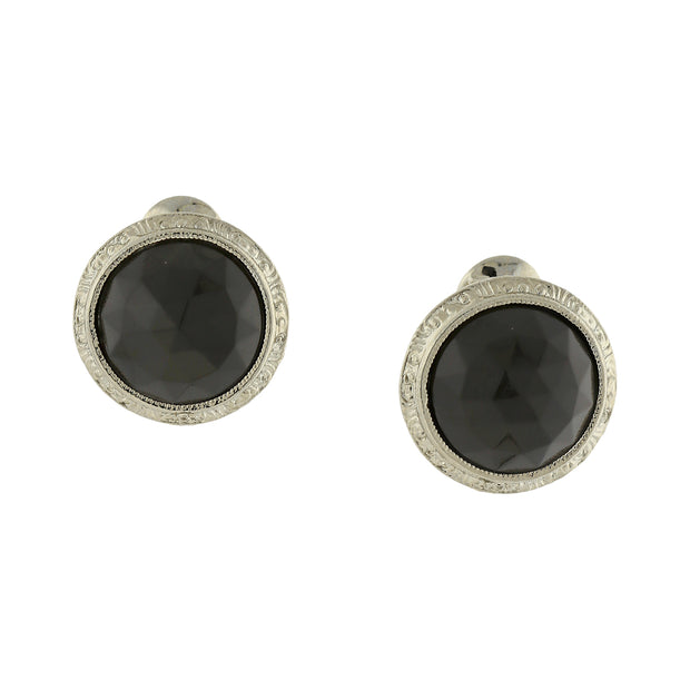 1928 Jewelry Silver Tone Black Round Button Clip On Earrings
