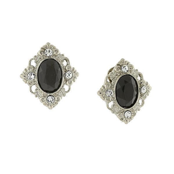 Silver Tone Black And Crystal Accent Clip On Earrings