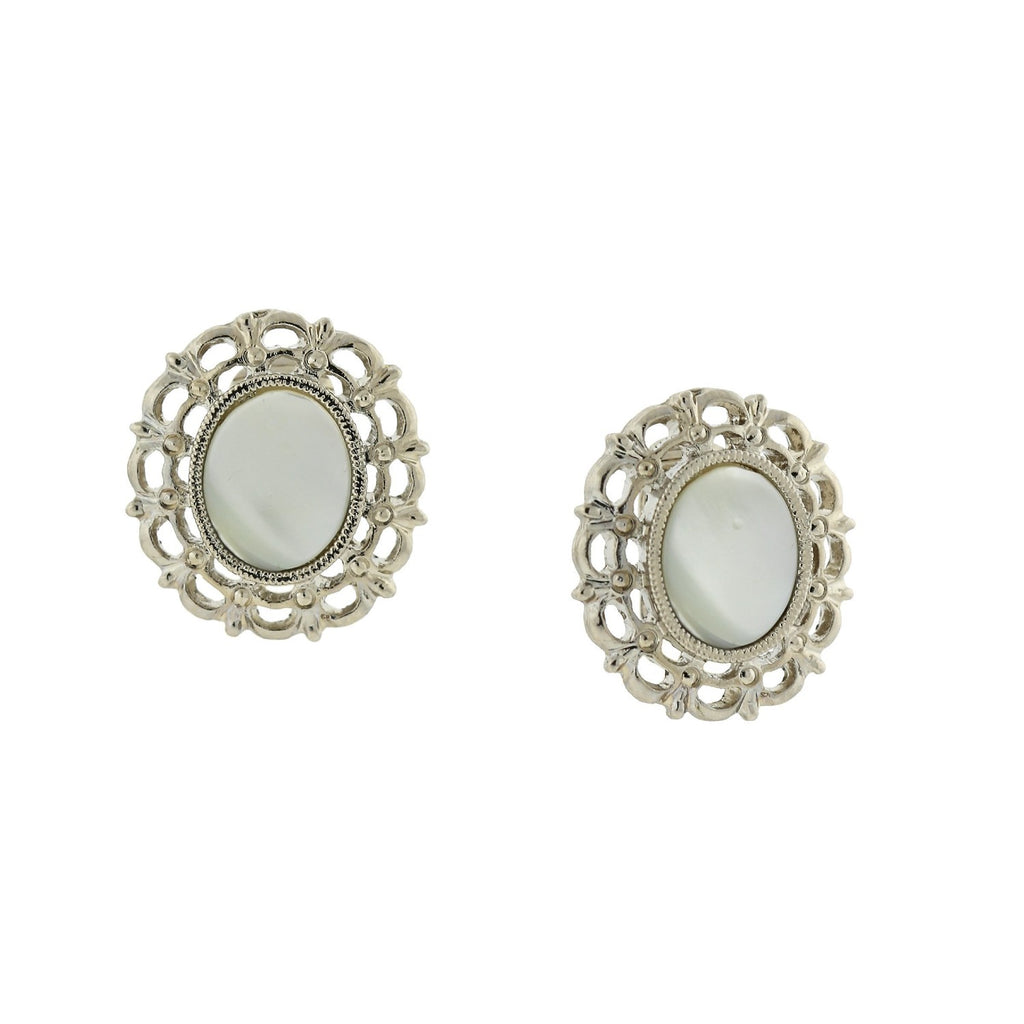 Silver Tone White Stone Oval Filigree Button Clip On Earrings