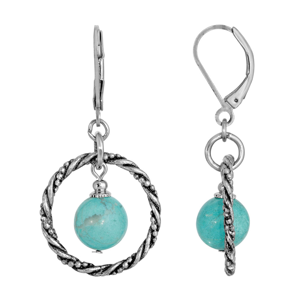 Turquoise Genuine Round Gemstone Rope Hoop Earring