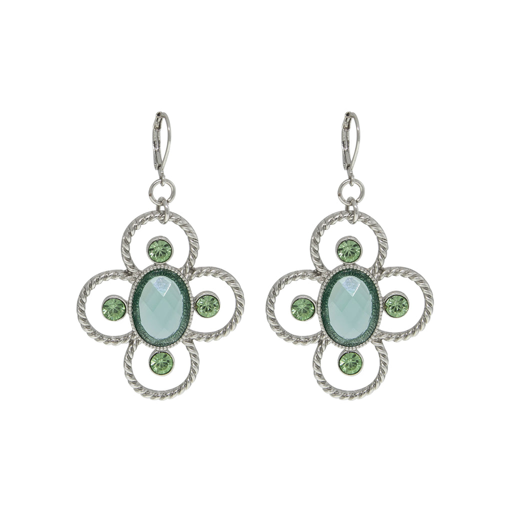 Silver Tone Aqua And Mint Green Flower Drop Earrings