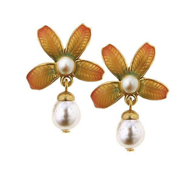Natura  Ombre Enamel Floral With Baroque Faux Pearl Drop Earrings