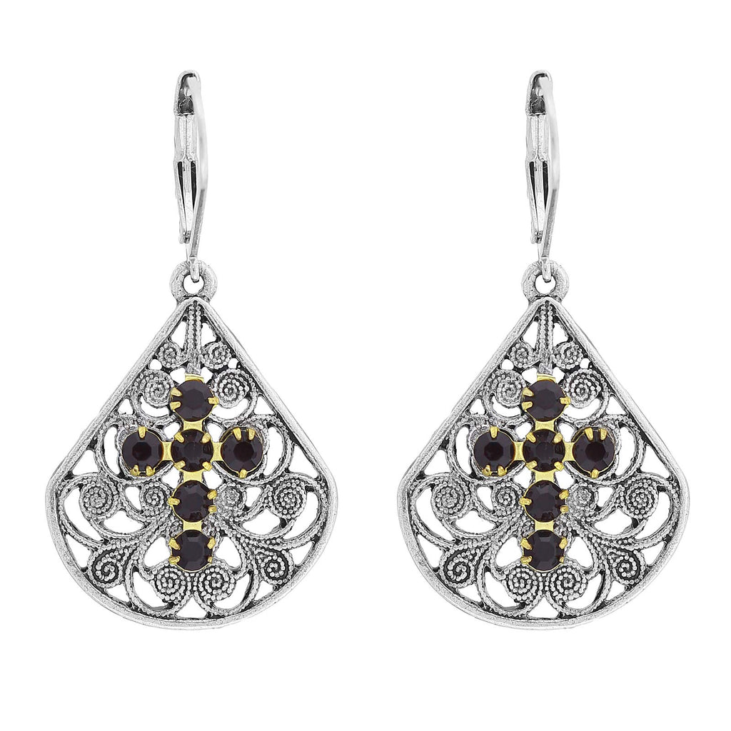Fancy Filigree Fan Garnet Austrian Crystal Cross Drop Earrings