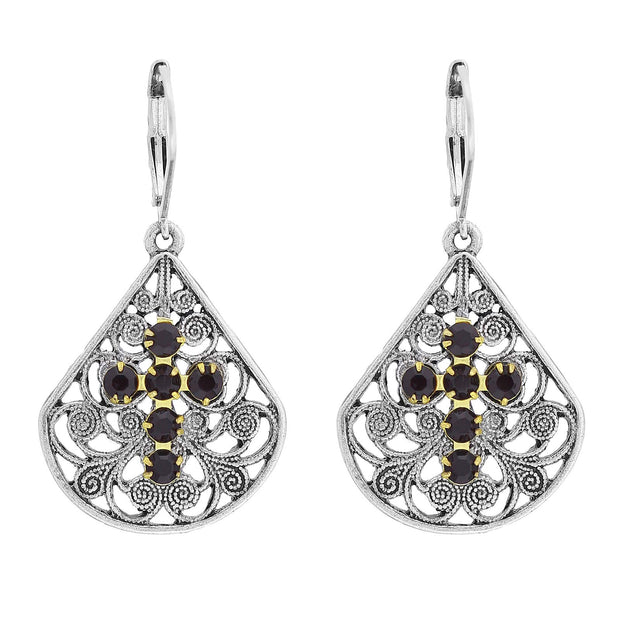 1928 Jewelry Fancy Filigree Fan Garnet Swarovski Element Crystal Cross Drop Earrings