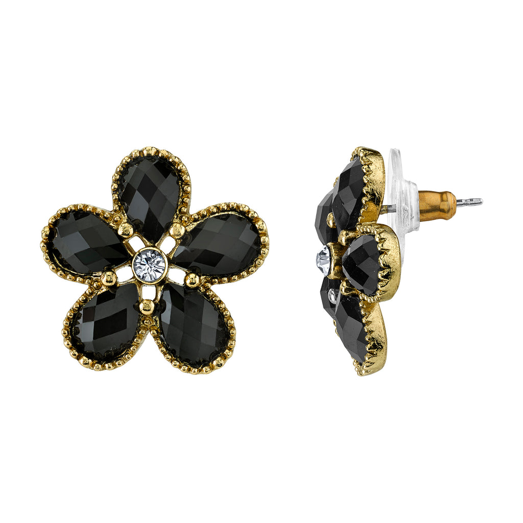 Black Faceted Flower Button Earrings