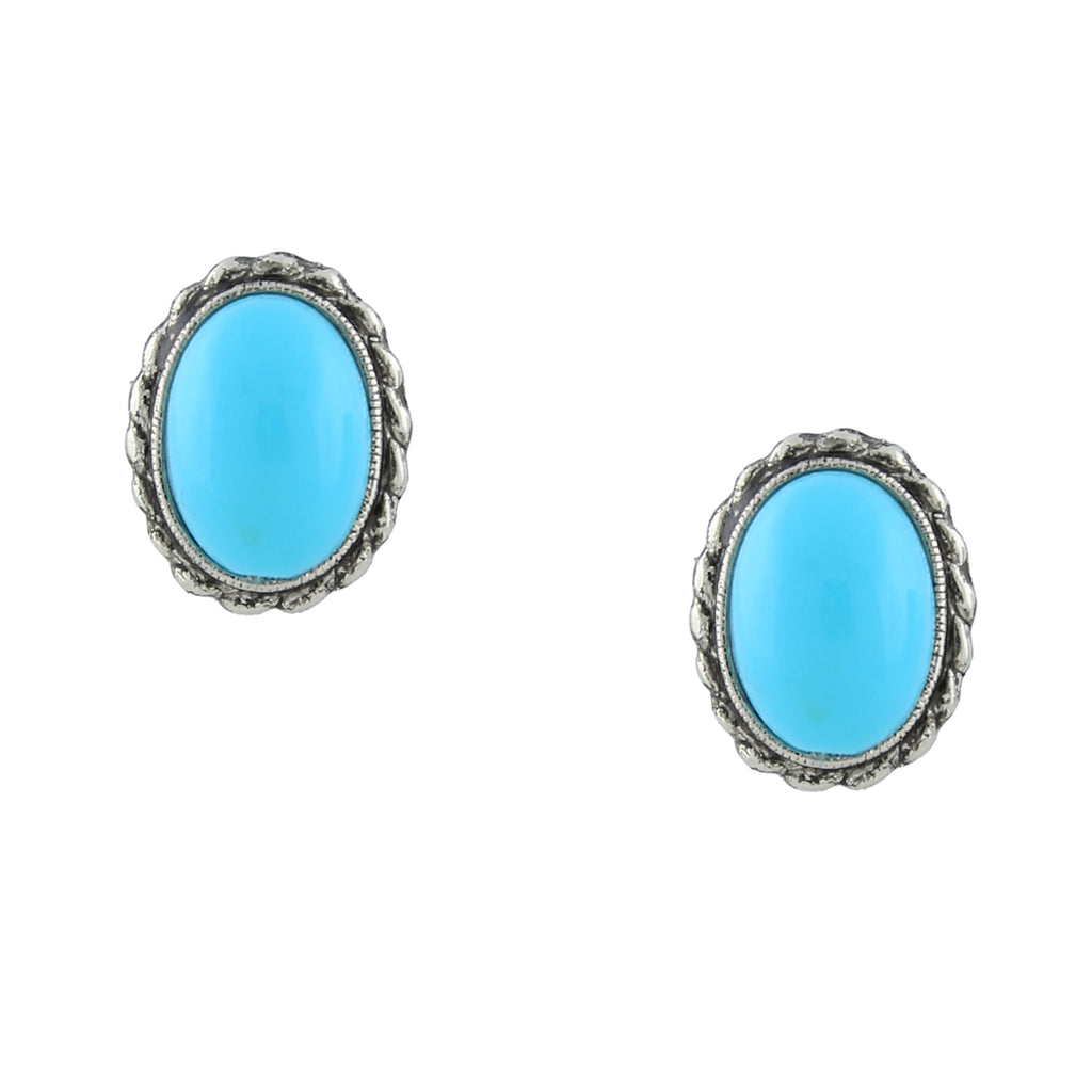 Silver Tone Turquoise Oval Button Earrings