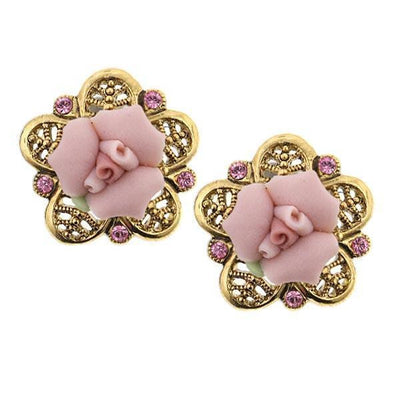Gold Tone Pink Crystal And Porcelain Rose Filigree Button Earrings