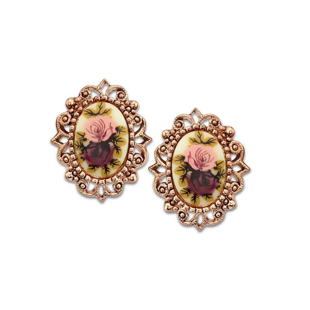 Rose Gold Tone Purple Flower Oval Button Earrings